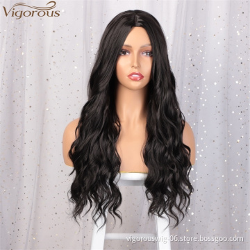 Vigorous Daily Use Women hair Long Wavy Middle Part Synthetic Black For Black Women Heat Resistant Fiber Wigs Wholesale